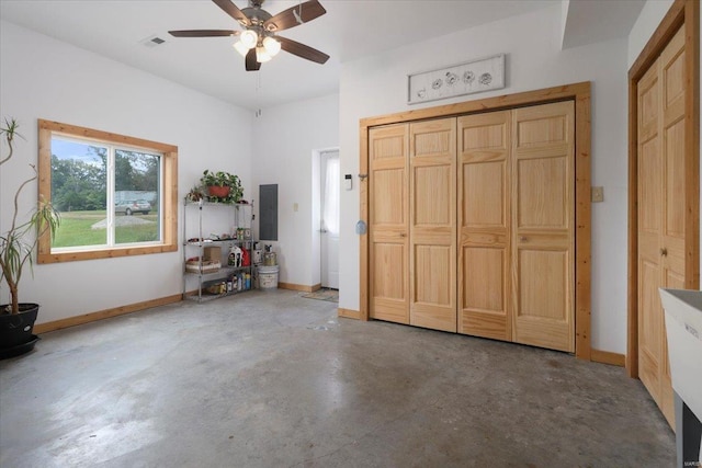 unfurnished bedroom featuring visible vents, electric panel, concrete floors, baseboards, and ceiling fan