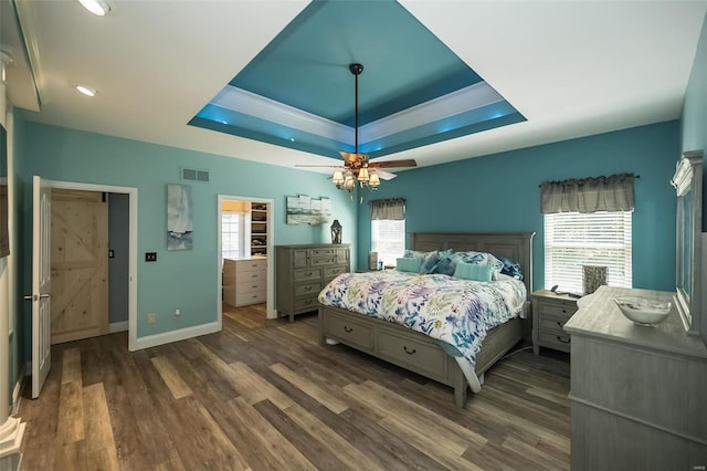 bedroom featuring a raised ceiling, dark hardwood / wood-style flooring, and ceiling fan