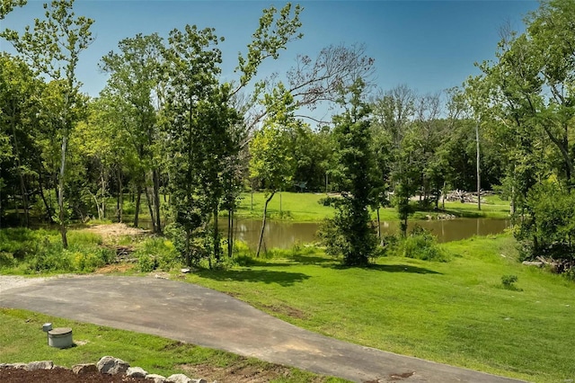 view of property's community with a water view and a lawn