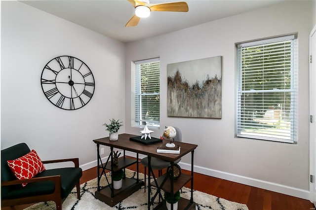 home office with hardwood / wood-style floors, plenty of natural light, and ceiling fan