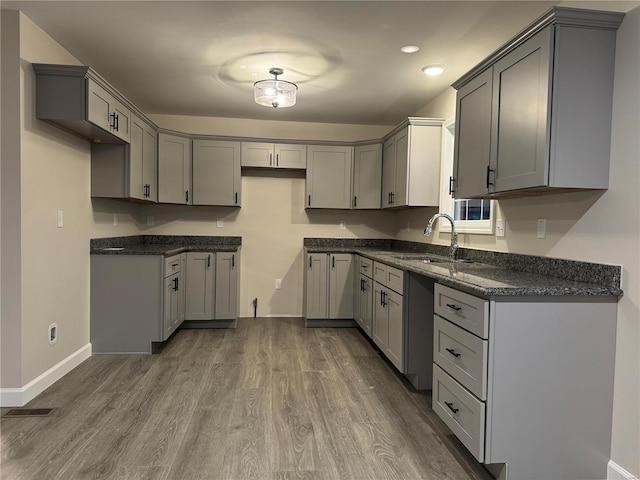 kitchen featuring gray cabinets, dark hardwood / wood-style floors, and sink