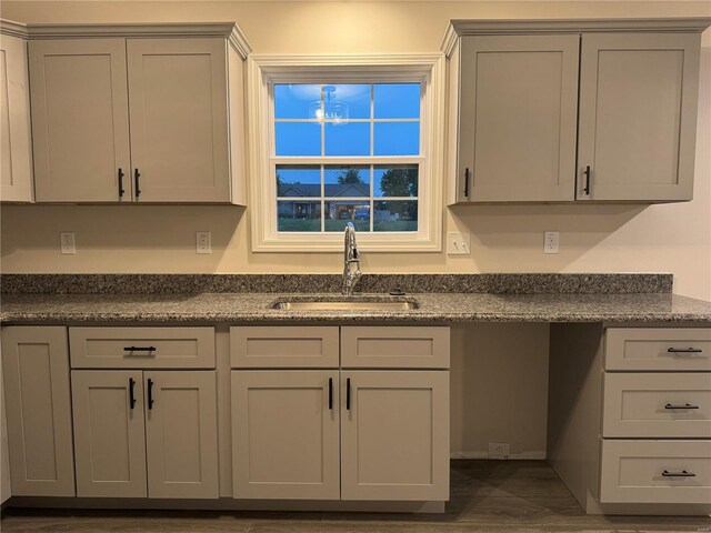 kitchen with gray cabinets, sink, and dark hardwood / wood-style flooring