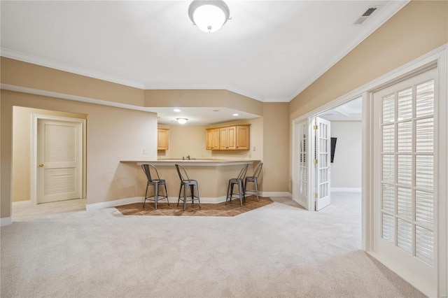 interior space featuring ornamental molding and light colored carpet