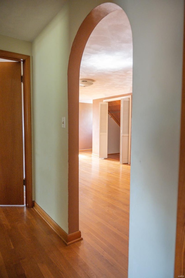 corridor with wood-type flooring