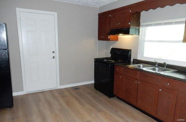 kitchen featuring ventilation hood, black appliances, light hardwood / wood-style floors, and sink