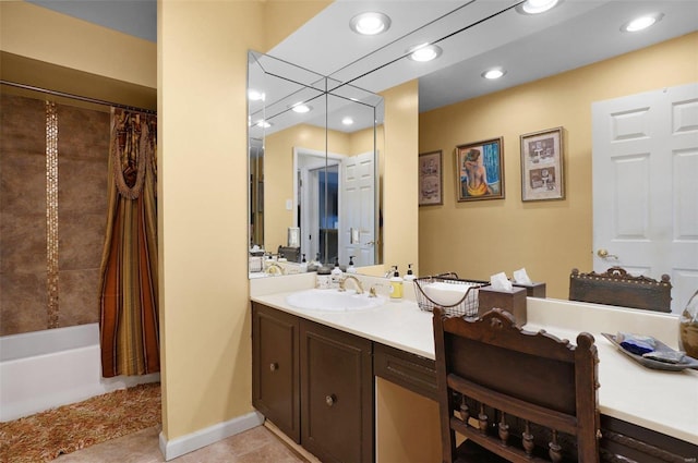 bathroom featuring vanity, shower / tub combo, and tile patterned floors