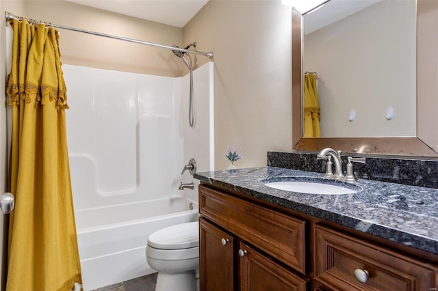 full bathroom with toilet, vanity, and shower / bath combo with shower curtain