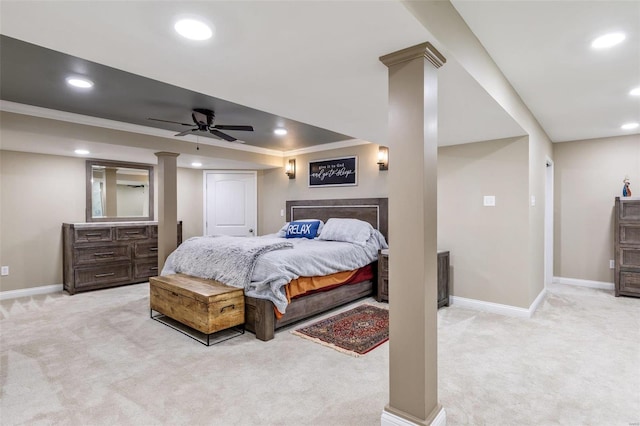 carpeted bedroom featuring ceiling fan and ornamental molding