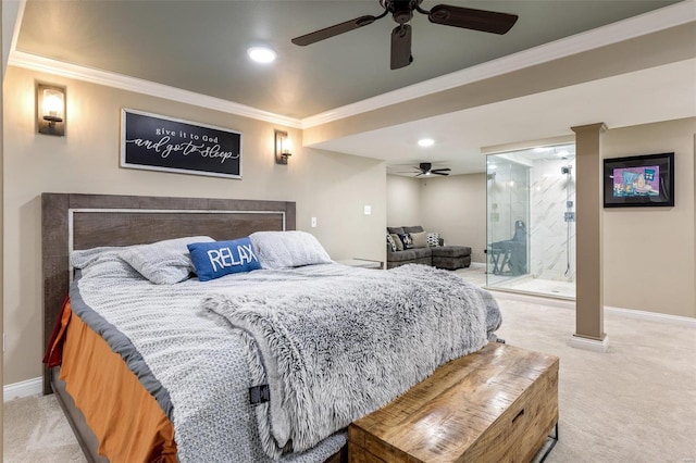 bedroom featuring carpet floors, connected bathroom, ornamental molding, and ceiling fan