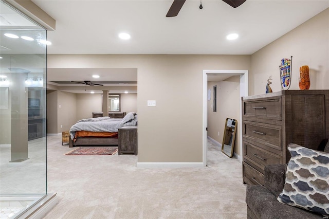 carpeted bedroom featuring ceiling fan