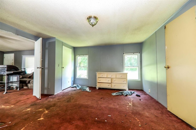 interior space featuring plenty of natural light, dark colored carpet, and a textured ceiling