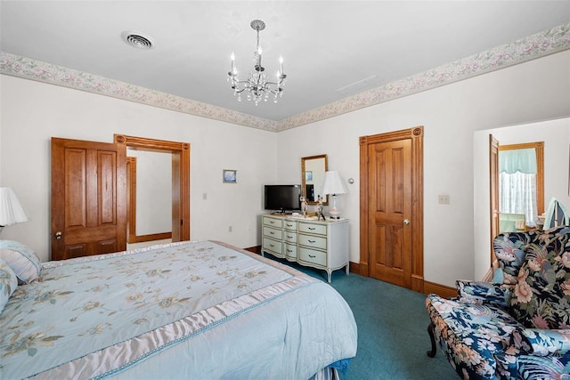 carpeted bedroom with a chandelier, visible vents, and baseboards