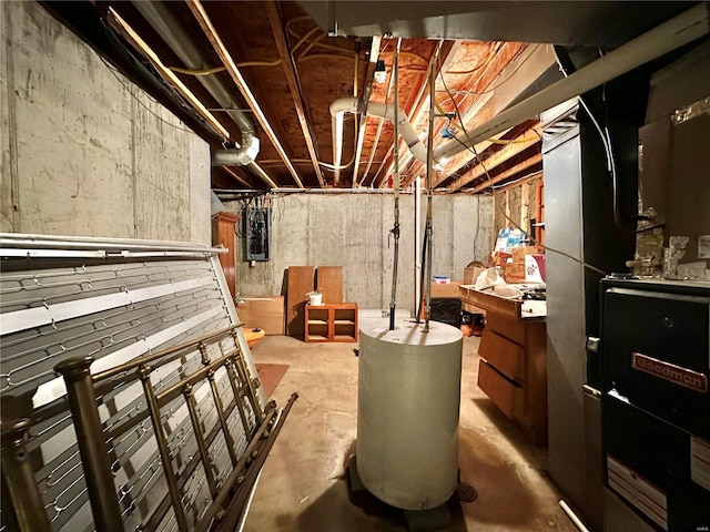 basement with heating unit and electric panel