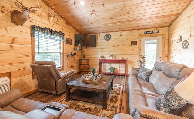 living room with wood ceiling, wooden walls, vaulted ceiling, and hardwood / wood-style floors