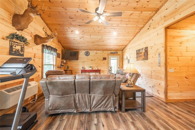 living room featuring wood ceiling, vaulted ceiling, wooden walls, and wood-type flooring