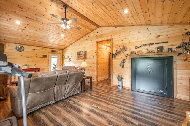 living room with wood walls, lofted ceiling, hardwood / wood-style flooring, ceiling fan, and wooden ceiling