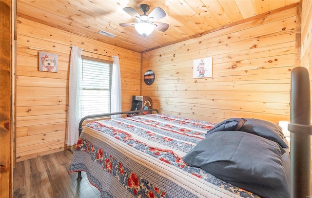 bedroom featuring wood ceiling, wood-type flooring, ceiling fan, and wood walls