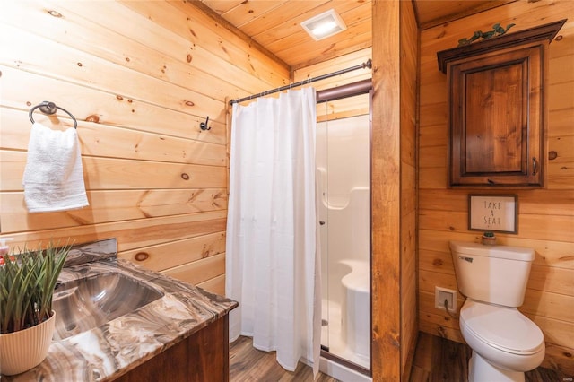 bathroom featuring toilet, wood walls, wood-type flooring, wooden ceiling, and curtained shower