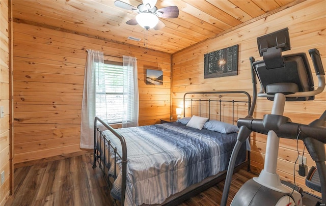 bedroom featuring dark wood-type flooring, wood walls, and wooden ceiling