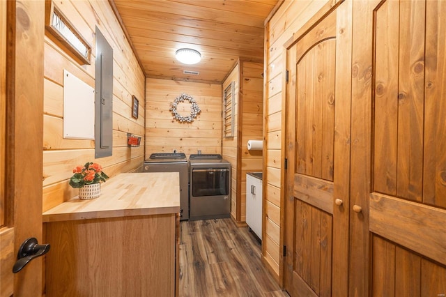 kitchen with butcher block countertops, dark wood-type flooring, wooden walls, separate washer and dryer, and wooden ceiling