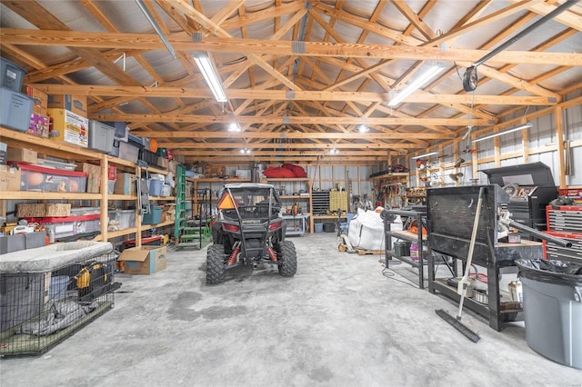 garage with a workshop area