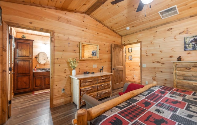 bedroom featuring hardwood / wood-style floors, vaulted ceiling with beams, wooden ceiling, wood walls, and visible vents
