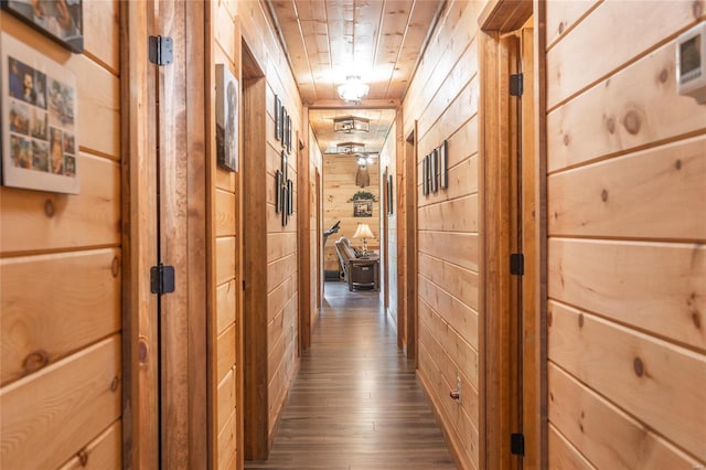 hallway featuring wooden ceiling, wood walls, and dark wood-style floors