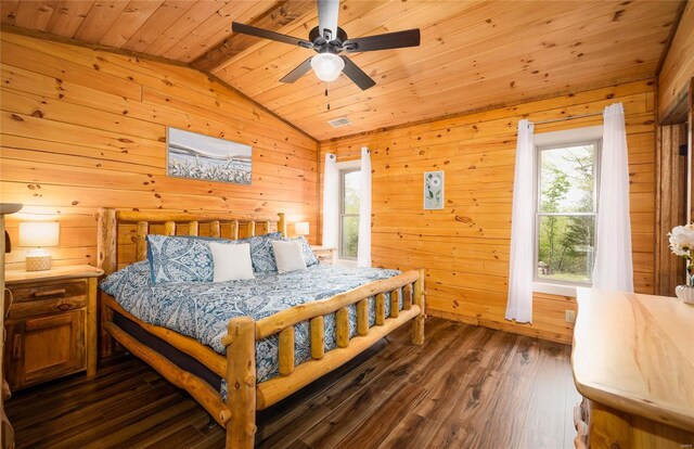 bedroom with lofted ceiling with beams, wooden ceiling, and wood walls