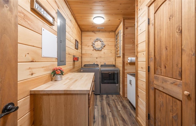kitchen with washer and clothes dryer, wood counters, wooden walls, wooden ceiling, and dark wood-style flooring