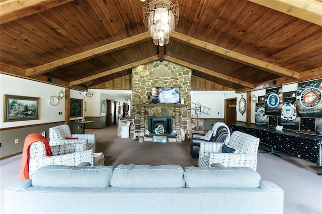 living room featuring a stone fireplace, carpet, beam ceiling, high vaulted ceiling, and wooden ceiling