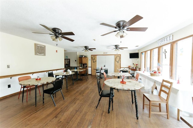 dining area featuring light hardwood / wood-style flooring and ceiling fan