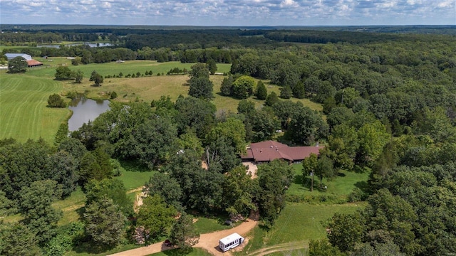 drone / aerial view featuring a water view and a rural view