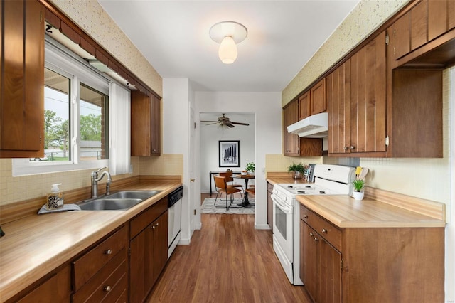 kitchen featuring tasteful backsplash, a sink, dark wood-style floors, under cabinet range hood, and white appliances