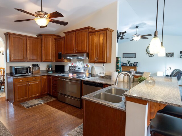 kitchen featuring ceiling fan, hanging light fixtures, appliances with stainless steel finishes, hardwood / wood-style flooring, and sink