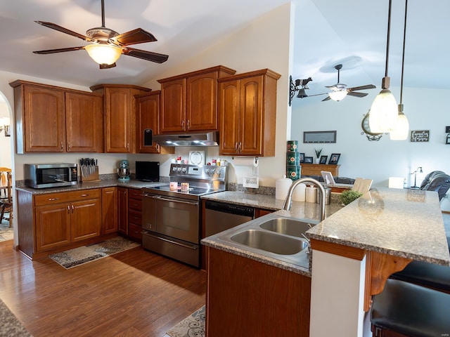 kitchen featuring a peninsula, vaulted ceiling, stainless steel appliances, under cabinet range hood, and a sink