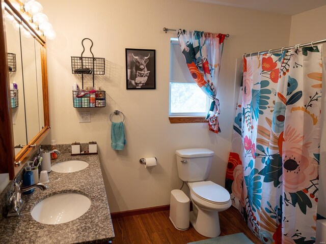 bathroom featuring toilet, wood-type flooring, and double sink vanity