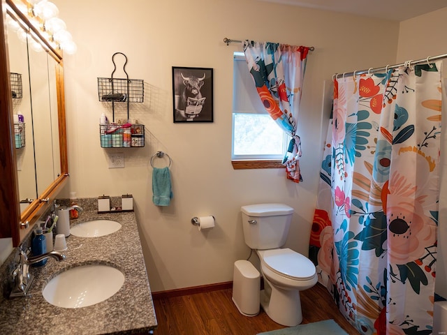 full bathroom with a sink, toilet, and wood finished floors