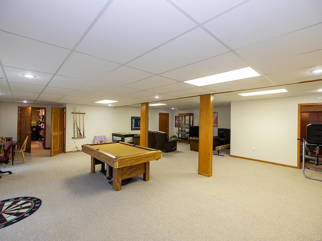 rec room featuring light carpet, baseboards, a drop ceiling, and pool table