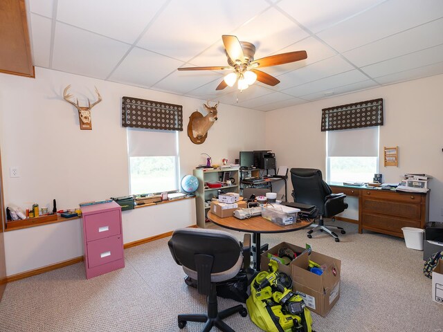 home office with a paneled ceiling, ceiling fan, and a healthy amount of sunlight