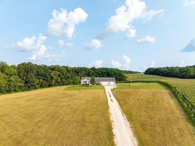 bird's eye view featuring a rural view and a forest view