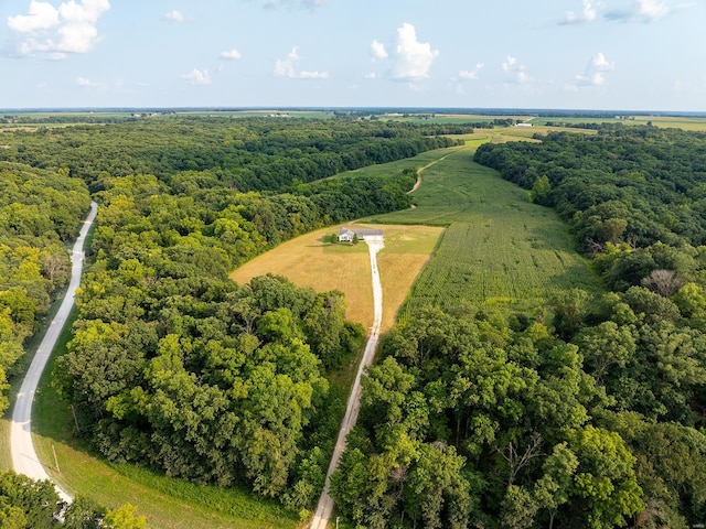 birds eye view of property featuring a view of trees and a rural view