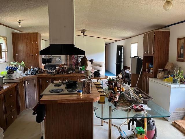 kitchen with island range hood, a textured ceiling, electric stovetop, and a healthy amount of sunlight