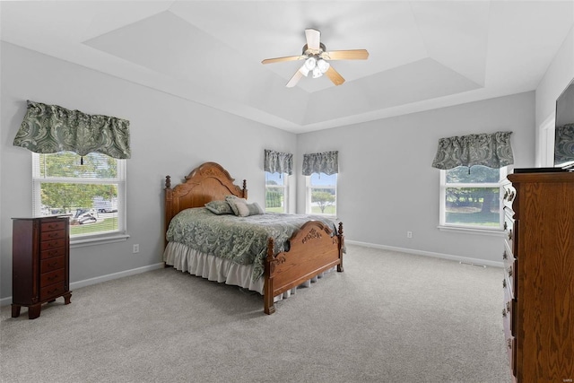 bedroom featuring multiple windows, light carpet, and a raised ceiling