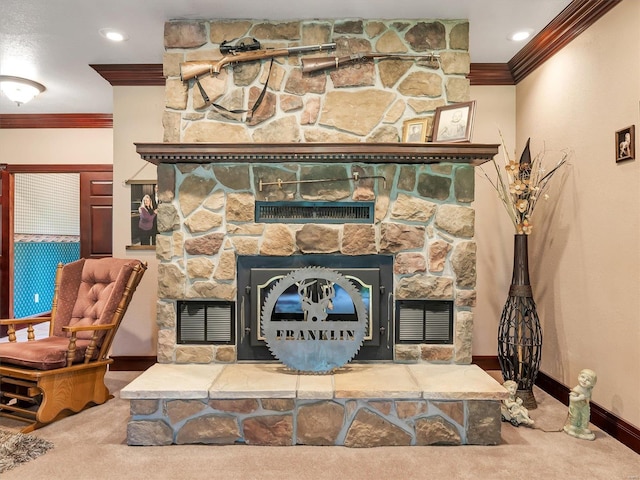 room details featuring a fireplace, ornamental molding, and carpet flooring