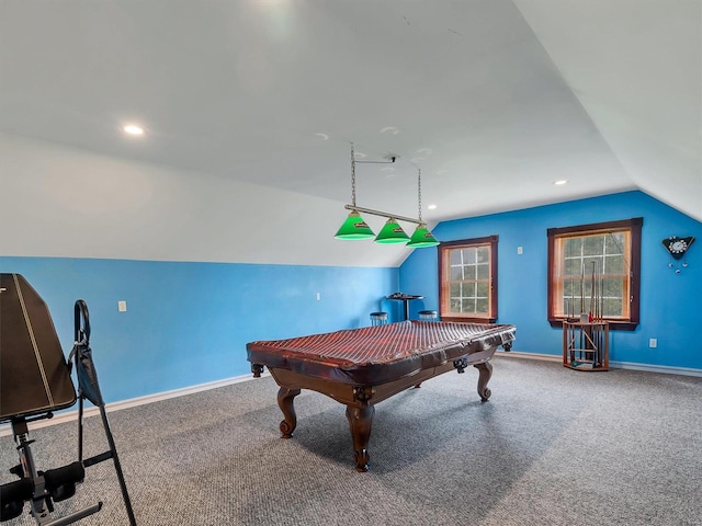 playroom with vaulted ceiling, carpet floors, and pool table