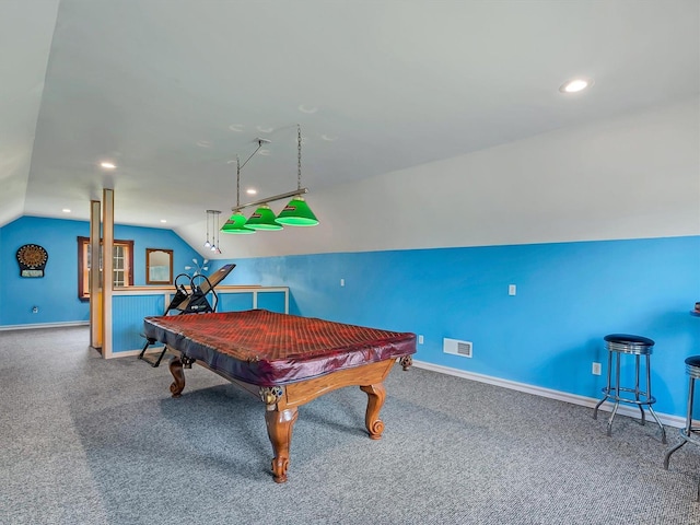 rec room featuring lofted ceiling, pool table, and carpet