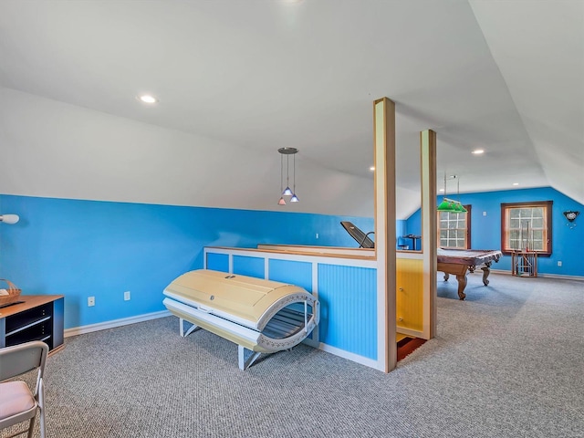 bedroom featuring vaulted ceiling, carpet flooring, and billiards