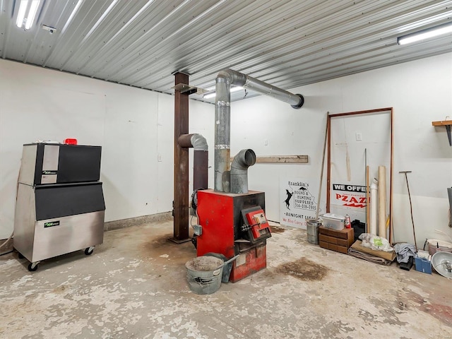 basement with a wood stove