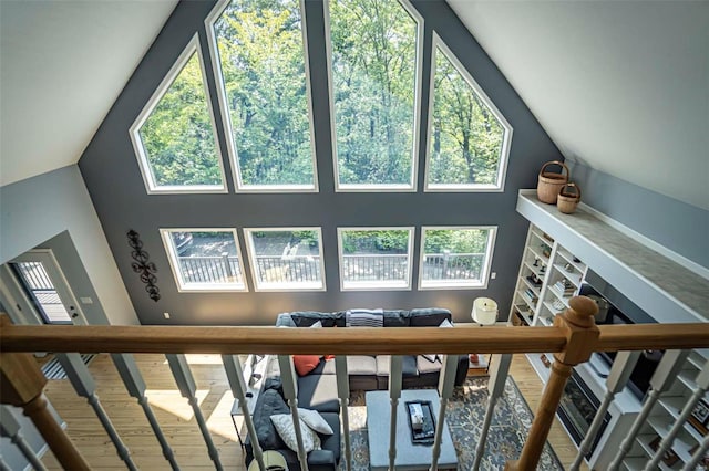 living room featuring high vaulted ceiling and hardwood / wood-style flooring