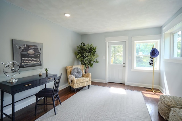 living area featuring a healthy amount of sunlight and dark hardwood / wood-style floors